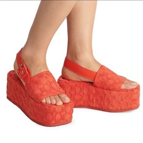 NEQ WOMEN'S Coach‎ Noelle Signature Logo Print Platform Sandals RED ORANGE - Picture 1 of 8